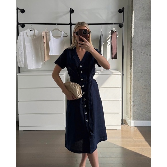 Quince Dresses & Skirts - Quince 100% European Linen Button Front Dress M Deep Navy Belted Midi
